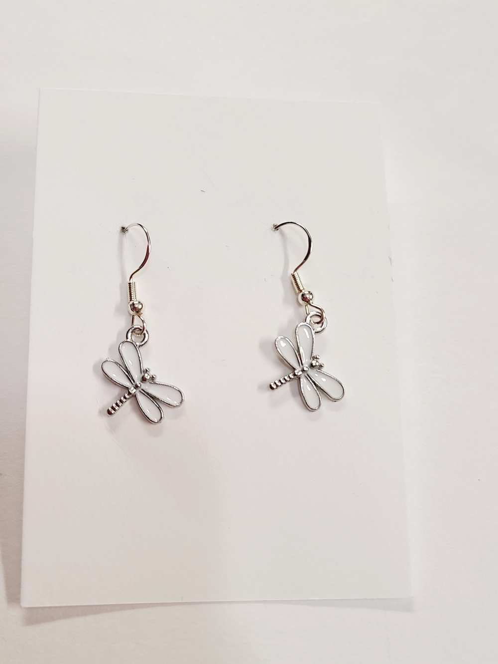 Silver Dragonfly Dangle Earrings - White Enamel